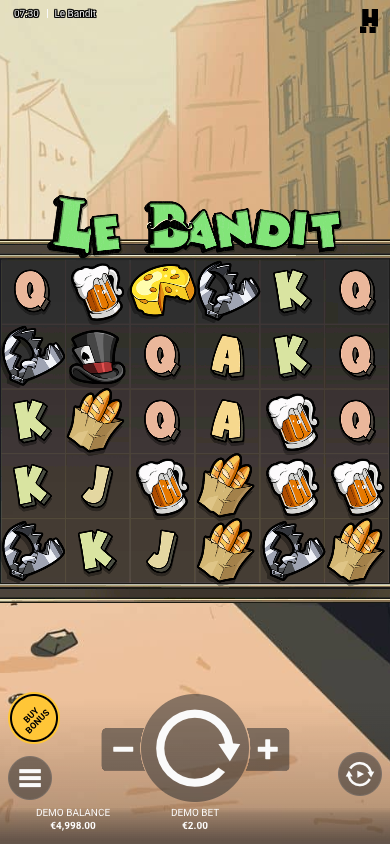 Original Le Bandit 1.25.0 · after one ordinary virtual round: changed board, virtual balance €4,998.00. EN/EUR · mobile emulation, 16 October 2026.